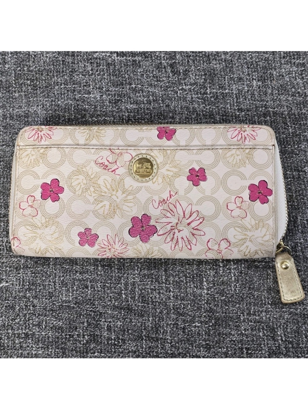 Coach Waverly Cream Signature Long Zip Wallet with Pink Floral Accents